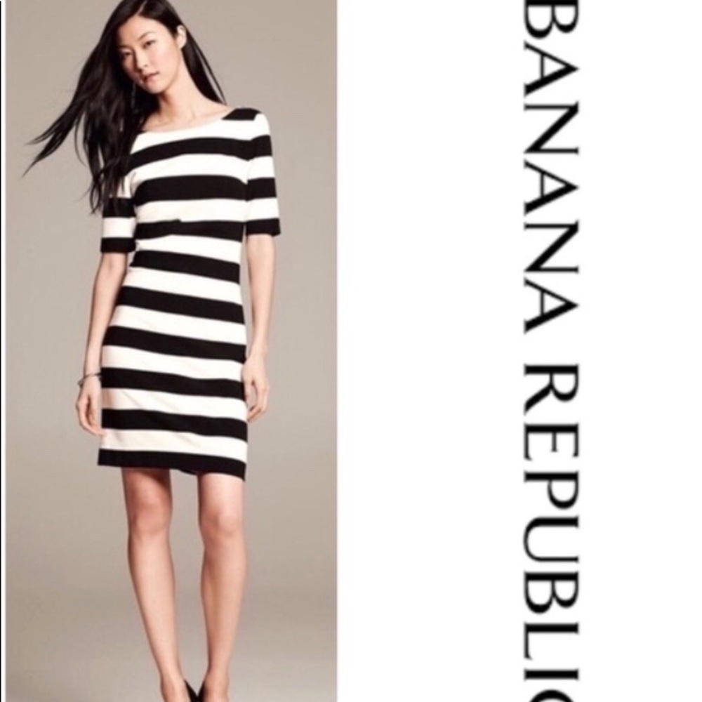 BANANA REPUBLIC Black & White striped cotton dress